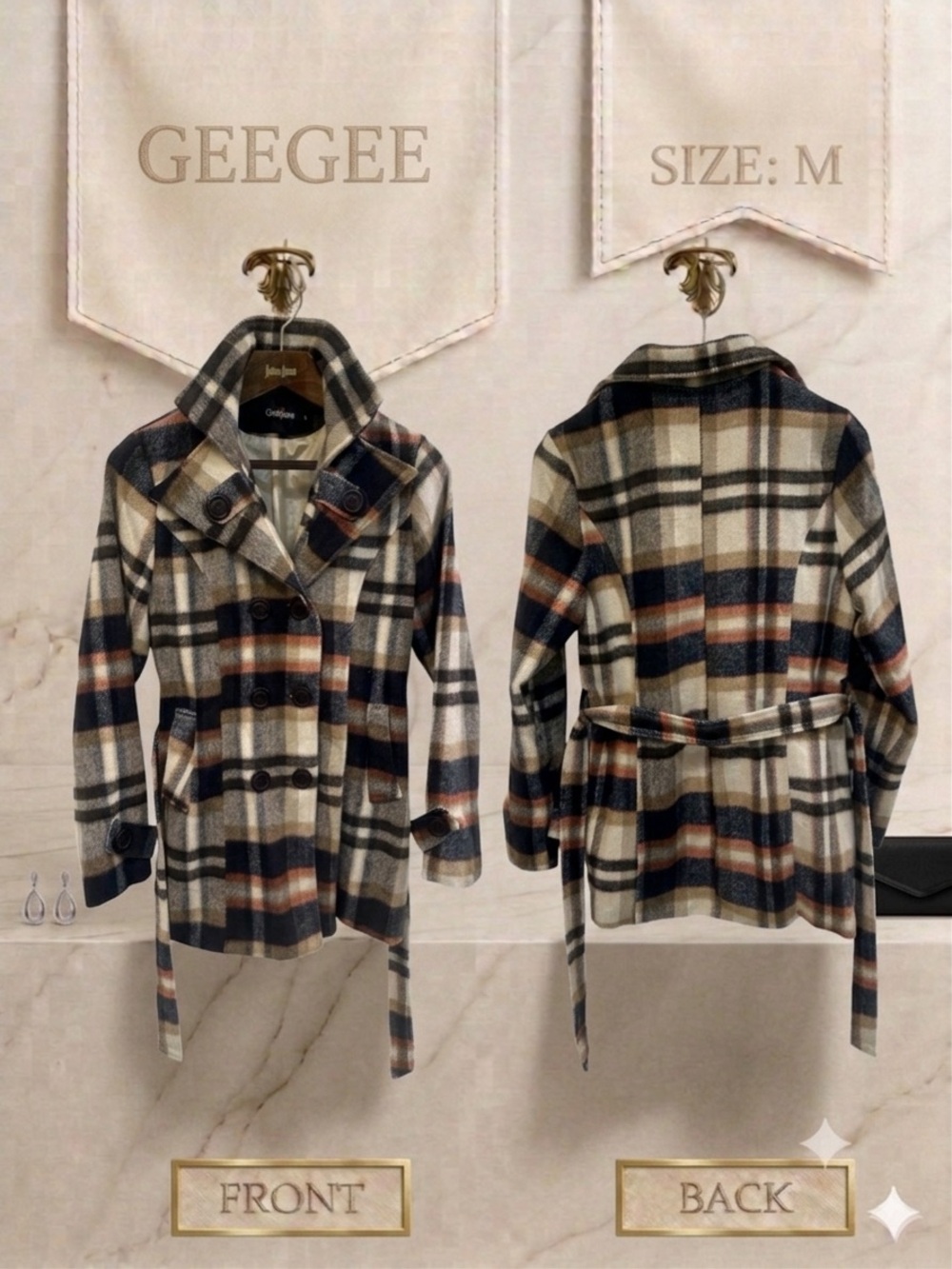 GeeGee Plaid Belted Wool Blend Coat Jacket - Beige Brown Rust Navy - Size M EUC